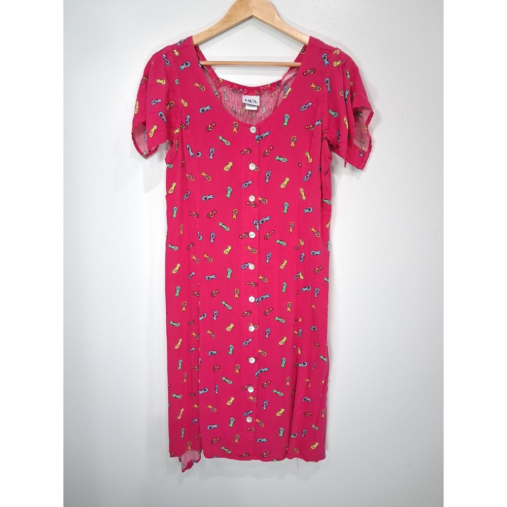 BFA‎ Classics Womens Pink Flip Flop Print Rayon Button Front Smocked Dress L